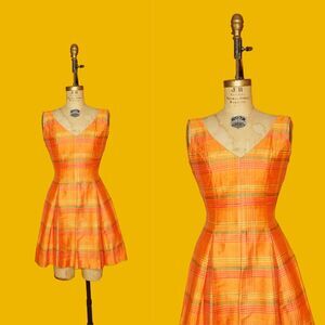 1990s RARE Vintage ANNA SUI. V Neck. Orange Pleated Plaid Dress. S. As Is
